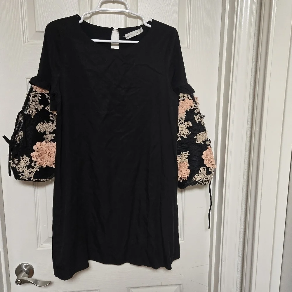 Paper Crane Black Floral Mesh Sleeve Tunic Dress S - Picture 7 of 10